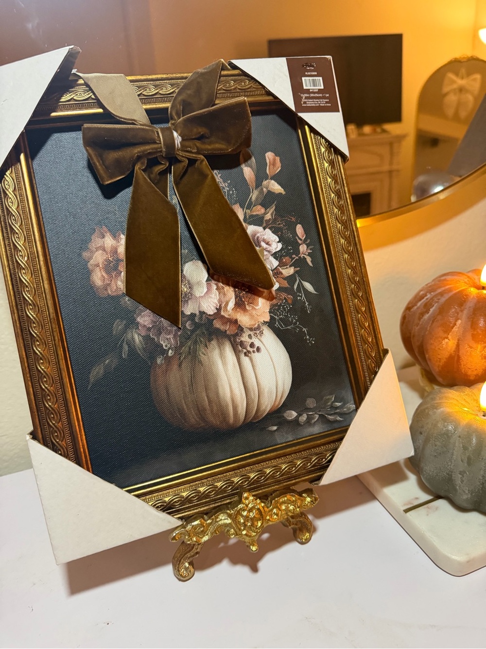Hobby Lobby Gold-Framed Pumpkin Floral Wall Art with Brown Velvet Bow